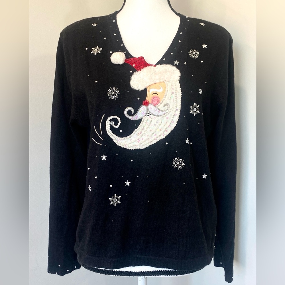 Jack B. Quick Ramie Blend Holiday Christmas Santa Black Sweater Beaded Large Vtg